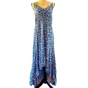 Pacific Vibes- High-Low Ruched Floral Sundress, w/ Spaghetti Straps & Ruffle hem